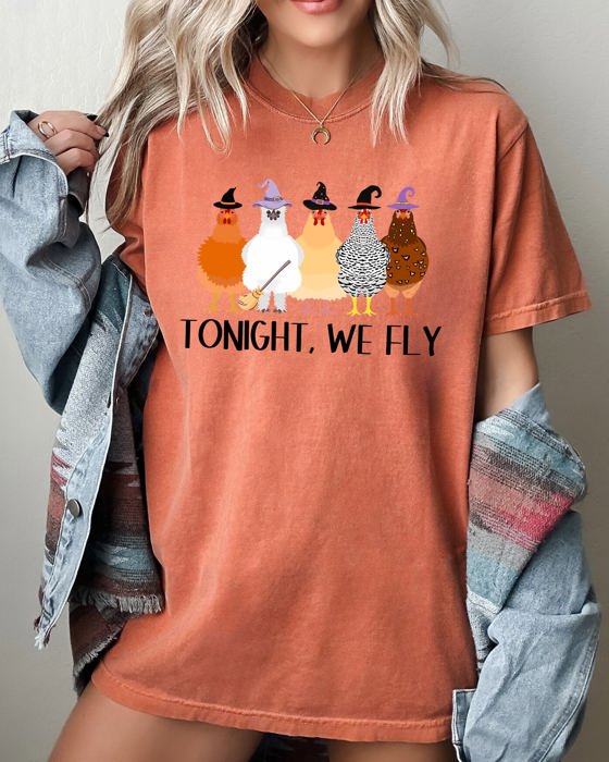 Tonight We Fly Chickens Skeleton Witch Spooky Halloween Moonlit Graveyard Bats Comfort Colors Tee