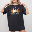 Medium Black Tonight We Fly Chickens Skeleton Witch Spooky Halloween Moonlit Graveyard Bats Comfort Colors Tee