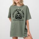 Medium Moss Dark Green Halloween Town Pumpkin Spooky Skeleton Witch Nighttime Halloween Party Comfort Colors Tee