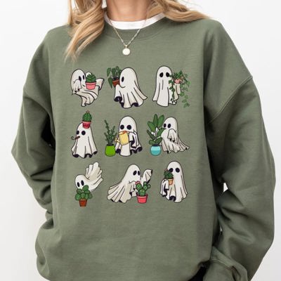 Mini Ghosts Plant Lover Skeleton Coffin Pumpkin Spooky Witch Halloween Sweatshirt