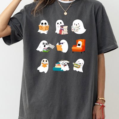 Book Lover Mini Ghosts Skeleton Coffin Pumpkin Spooky Witch Meme Halloween Costume Comfort Colors Tee