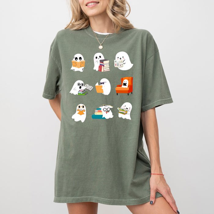 Book Lover Mini Ghosts Skeleton Coffin Pumpkin Spooky Witch Meme Halloween Costume Comfort Colors Tee