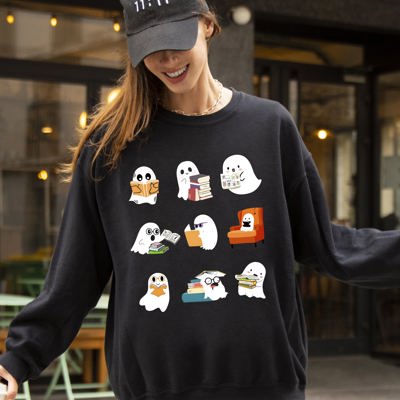 Book Lover Mini Ghosts Skeleton Coffin Funny Pumpkin Spooky Witch Aesthetic Meme Halloween Costume Sweatshirt