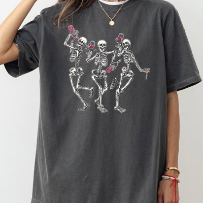 Dancing Skeletons Wine Ghost Spooky Witch Halloween Meme Costume Comfort Colors Tee