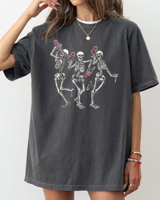 Dancing Skeletons Wine Ghost Spooky Witch Halloween Meme Costume Comfort Colors Tee