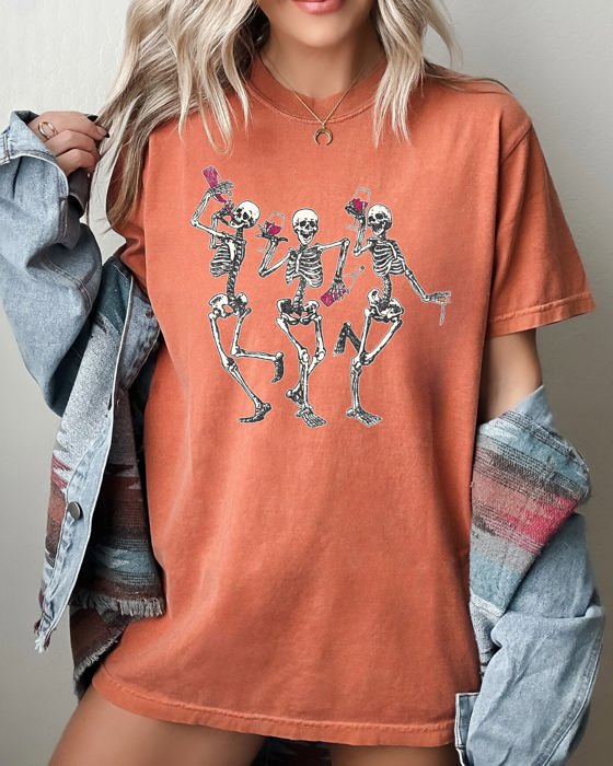 Dancing Skeletons Wine Ghost Spooky Witch Halloween Meme Costume Comfort Colors Tee