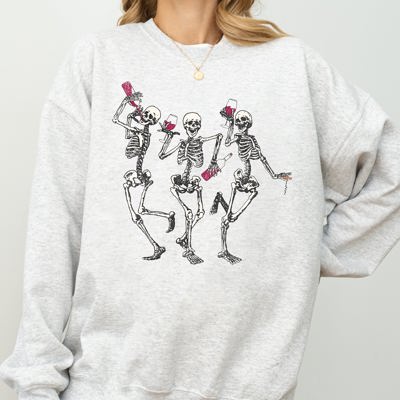 Dancing Skeletons Drinking Wine Ghost Spooky Witch Halloween Theme Comic Vibe Sweatshirt