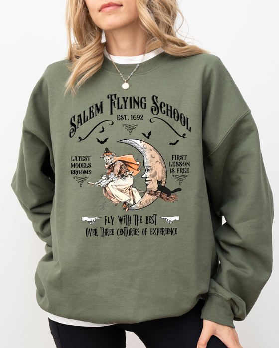Salem Flying School Skeleton Funny Spooky Witch Aesthetic Meme Halloween Costume Sweatshirt
