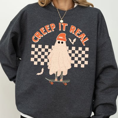 Creep It Real Retro Ghost Skeleton Witch Halloween Meme Nostalgic Spooky Vibe Sweatshirt