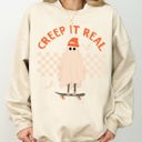 Medium Sand Creep It Real Retro Ghost Skeleton Witch Halloween Meme Nostalgic Spooky Vibe Sweatshirt