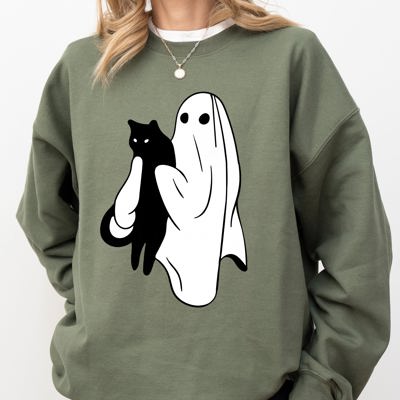 Ghost And Cat Skeleton Witch Skull Spooky Halloween Costume Graphic Design Sweatshirt