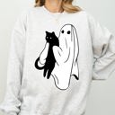 XXL Ash Light Gray Ghost And Cat Skeleton Witch Skull Spooky Halloween Costume Graphic Design Sweatshirt
