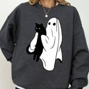 XXL Dark Gray Heather Ghost And Cat Skeleton Witch Skull Spooky Halloween Costume Graphic Design Sweatshirt