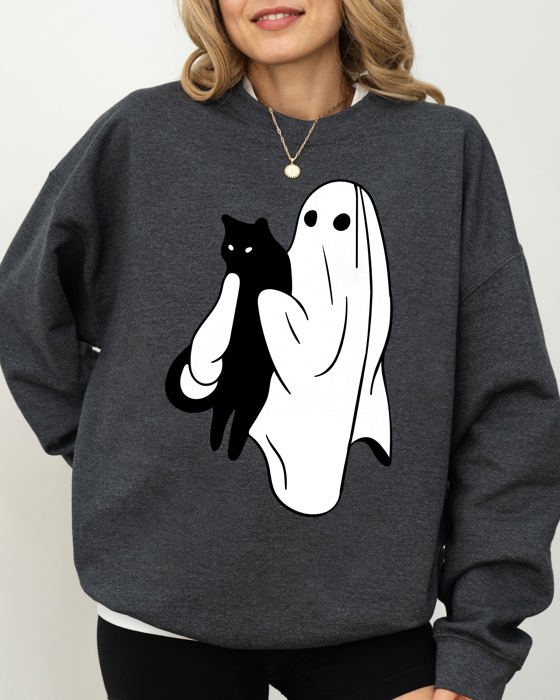 Ghost And Cat Skeleton Witch Skull Spooky Halloween Costume Graphic Design Sweatshirt