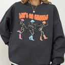 Small Dark Gray Heather Let's Go Ghouls Ghost Western Skeleton Witch Skull Spooky Halloween Costume Sweatshirt