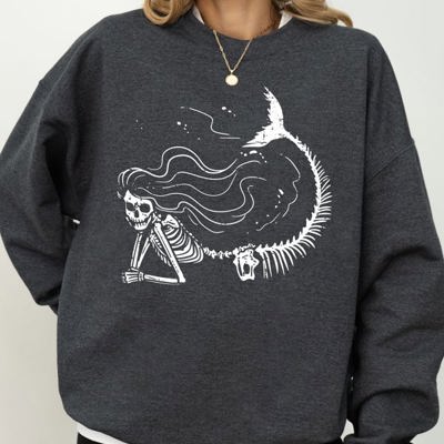 Mermaid Skeleton Ghost Witch Skull Meme Spooky Halloween Costume Illustration Sweatshirt