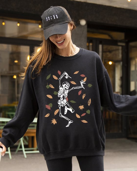 Fall Leaves Skeleton Ghost Witch Skull Meme Spooky Halloween Costume Graphic Sweatshirt