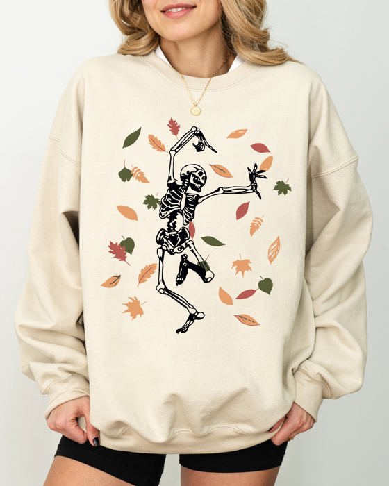 Fall Leaves Skeleton Ghost Witch Skull Meme Spooky Halloween Costume Graphic Sweatshirt