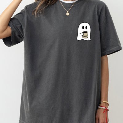 Ghost Coffee Lover Pocket Skeleton Witch Skull Meme Halloween Spooky Comfort Colors Tee