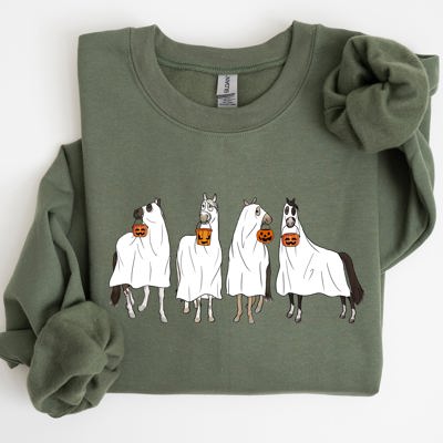Haunted Horse Ghost Farm Skeleton Witch Skull Halloween Spooky Meme Design Sweatshirt