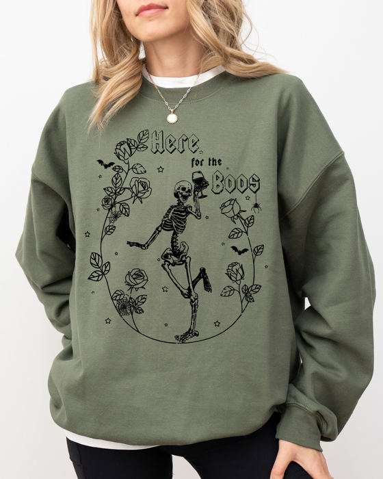 Here For The Boos Skeleton Ghost Witch Skull Spooky Aesthetic Meme Halloween Costume Sweatshirt