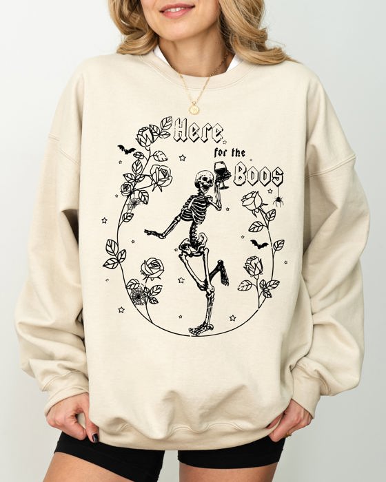 Here For The Boos Skeleton Ghost Witch Skull Spooky Aesthetic Meme Halloween Costume Sweatshirt