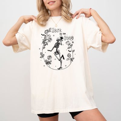 Here For The Boos Skeleton Ghost Witch Skull Spooky Aesthetic Meme Halloween Costume Comfort Colors Tee