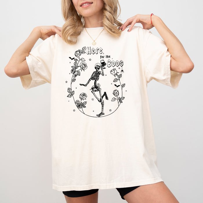 Here For The Boos Skeleton Ghost Witch Skull Spooky Aesthetic Meme Halloween Costume Comfort Colors Tee