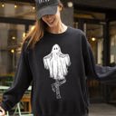Small Black Western Ghost Cowboy Skeleton Witch Skull Spooky Aesthetic Meme Halloween Sweatshirt