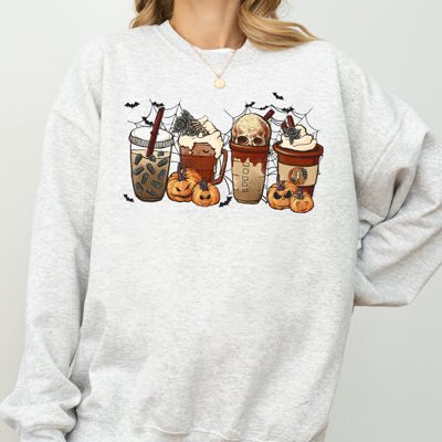Halloween Coffee Retro Skeleton Ghost Witch Skull Spooky Meme Graphic Print Sweatshirt
