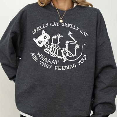 Skelly Cat Skeleton Ghost Witch Skull Spooky Aesthetic Meme Halloween Costume Sweatshirt
