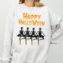Large Ash Light Gray Happy Halloween Dancing Skeletons Ghost Witch Skull Spooky Costume Legend Sweatshirt