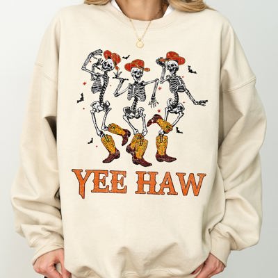 Yee Haw Western Skeleton Ghost Witch Skull Spooky Meme Halloween Graphic Sweatshirt