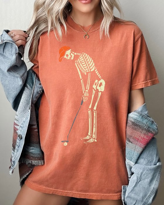 Golf Player Skeleton Ghost Witch Skull Spooky Aesthetic Meme Halloween Comfort Colors Tee