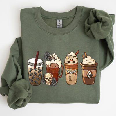 Halloween Coffee Spooky Skeleton Ghost Witch Skull Meme Aesthetic Graphic Sweatshirt