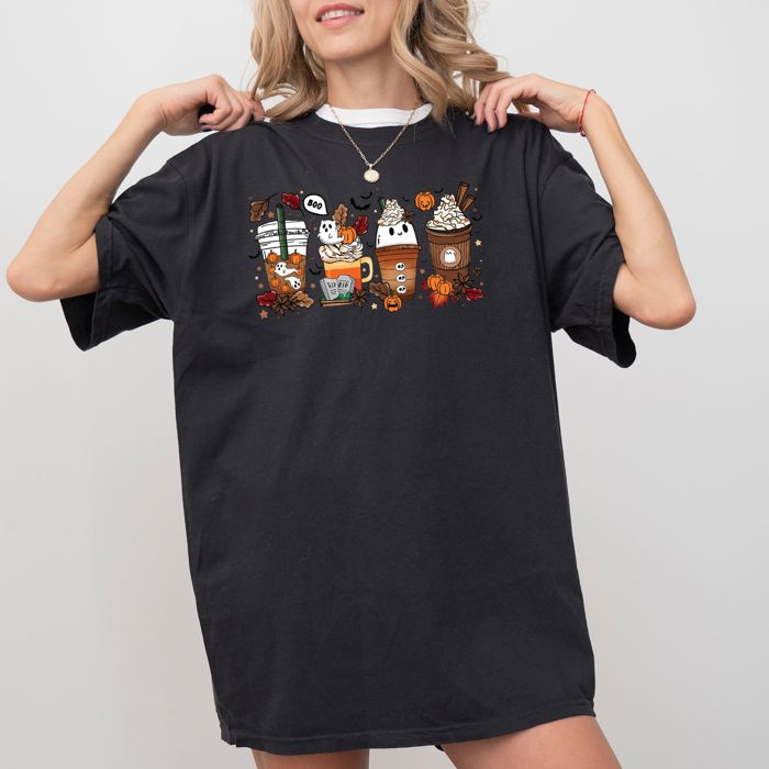 Halloween Coffee Horror Movie Spooky Skeleton Ghost Witch Skull Meme Costume Comfort Colors Tee