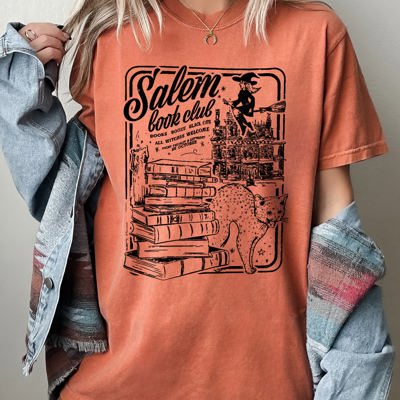 Salem Book Club Spooky Skeleton Ghost Witch Skull Aesthetic Meme Halloween Vibes Comfort Colors Tee