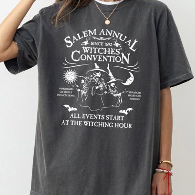 Salem Annual Witches Convention Spooky Skeleton Ghost Witch Skull Meme Halloween Costume Comfort Colors Tee