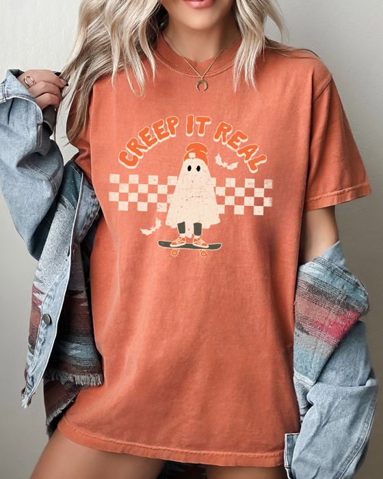 Creep It Real Ghost Retro Spooky Skeleton Witch Skull Halloween Meme Comfort Colors Tee