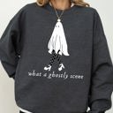 Large Dark Gray Heather What A Ghostly Scene Spooky Skeleton Ghost Witch Skull Halloween Costume Sweatshirt