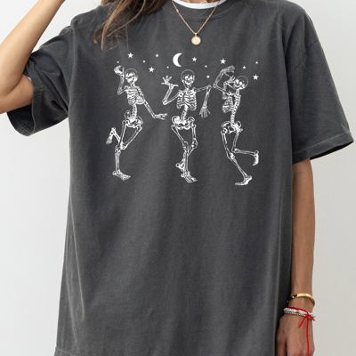 Dancing Skeletons Stars Spooky Ghost Witch Skull Halloween Vintage Night Comfort Colors Tee