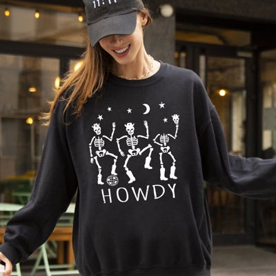 Dancing Skeletons Howdy Spooky Ghost Witch Skull Meme Halloween Party Mascot Sweatshirt