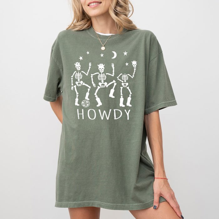 Dancing Skeletons Howdy Spooky Ghost Witch Skull Meme Halloween Costume Comfort Colors Tee