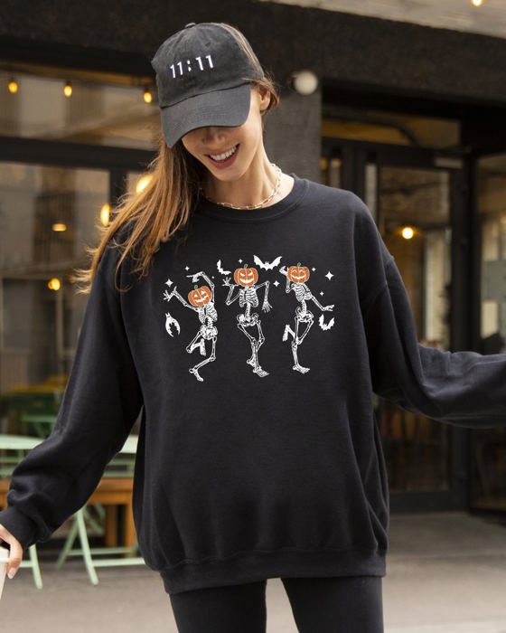 Pumpkin Head Dancing Skeletons Spooky Ghost Witch Skull Meme Halloween Costume Sweatshirt