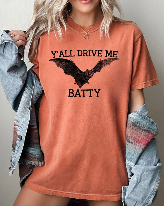 Y'All Drive Me Batty Spooky Bat Ghost Witch Skull Costume Halloween Night Comfort Colors Tee