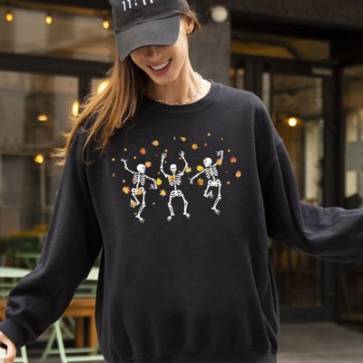 Fall Leaves Dancing Skeletons Ghost Witch Skull Halloween Meme Costume Sweatshirt