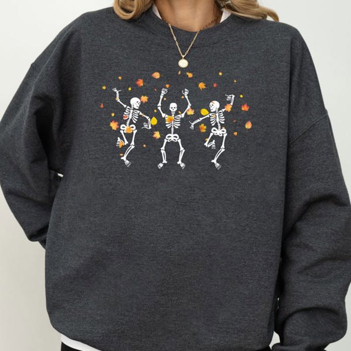 Fall Leaves Dancing Skeletons Ghost Witch Skull Halloween Meme Costume Sweatshirt