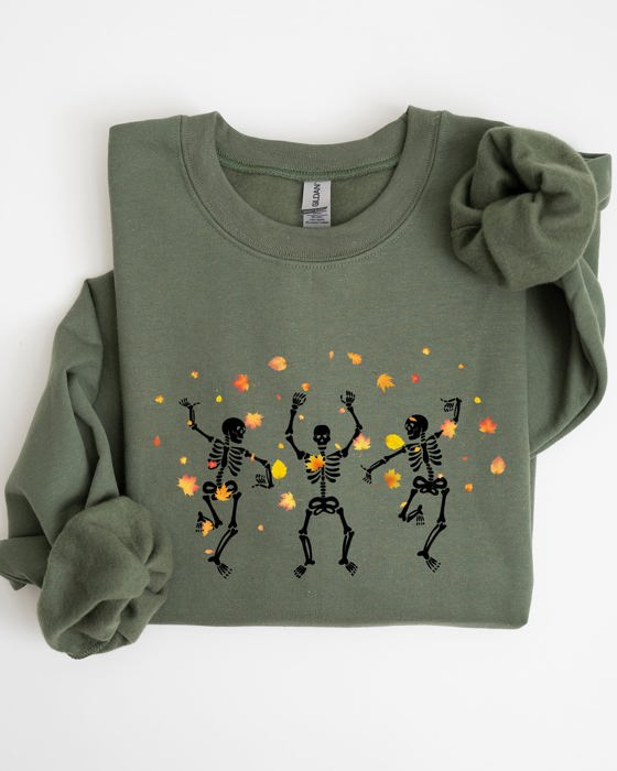 Fall Leaves Dancing Skeletons Ghost Witch Skull Halloween Meme Costume Sweatshirt