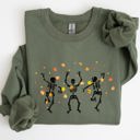 Medium Military Green Fall Leaves Dancing Skeletons Ghost Witch Skull Halloween Meme Costume Sweatshirt