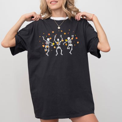 Fall Leaves Dancing Skeletons Ghost Witch Skull Halloween Meme Comfort Colors Tee